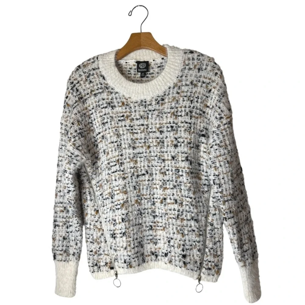 Bobeau Sweater Women XS Ivory Black Tweed Knit Side Zip Crew Neck Pullover NWT